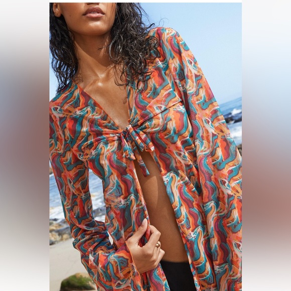 Nasty Gal Marble Mesh Tie Lettuce Edge Cover Up Top - Picture 4 of 4